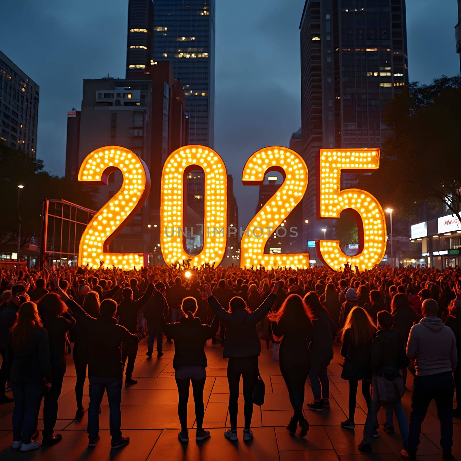 A glowing "2025" sign lights up a bustling city square as cheerful crowds gather to welcome the New Year joyfully.