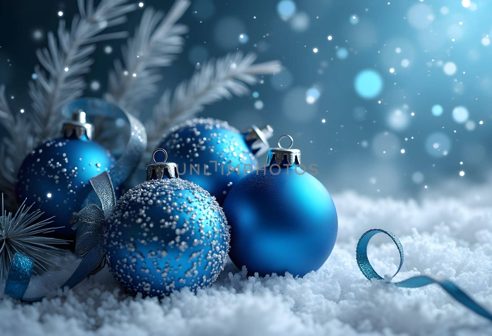 Blue Christmas balls and silver ribbon on snowy abstract background, creating a magical and elegant festive holiday atmosphere.