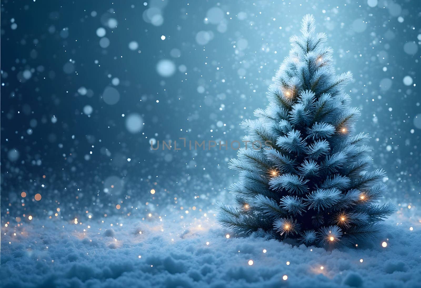 A beautifully decorated Christmas tree with garland lights, set against a snowy background with snowflakes, creating a festive winter scene.