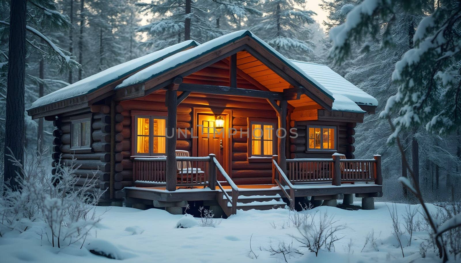 A warm wooden cabin blanketed in snow, glowing with golden light from the windows, nestled in a pine forest.