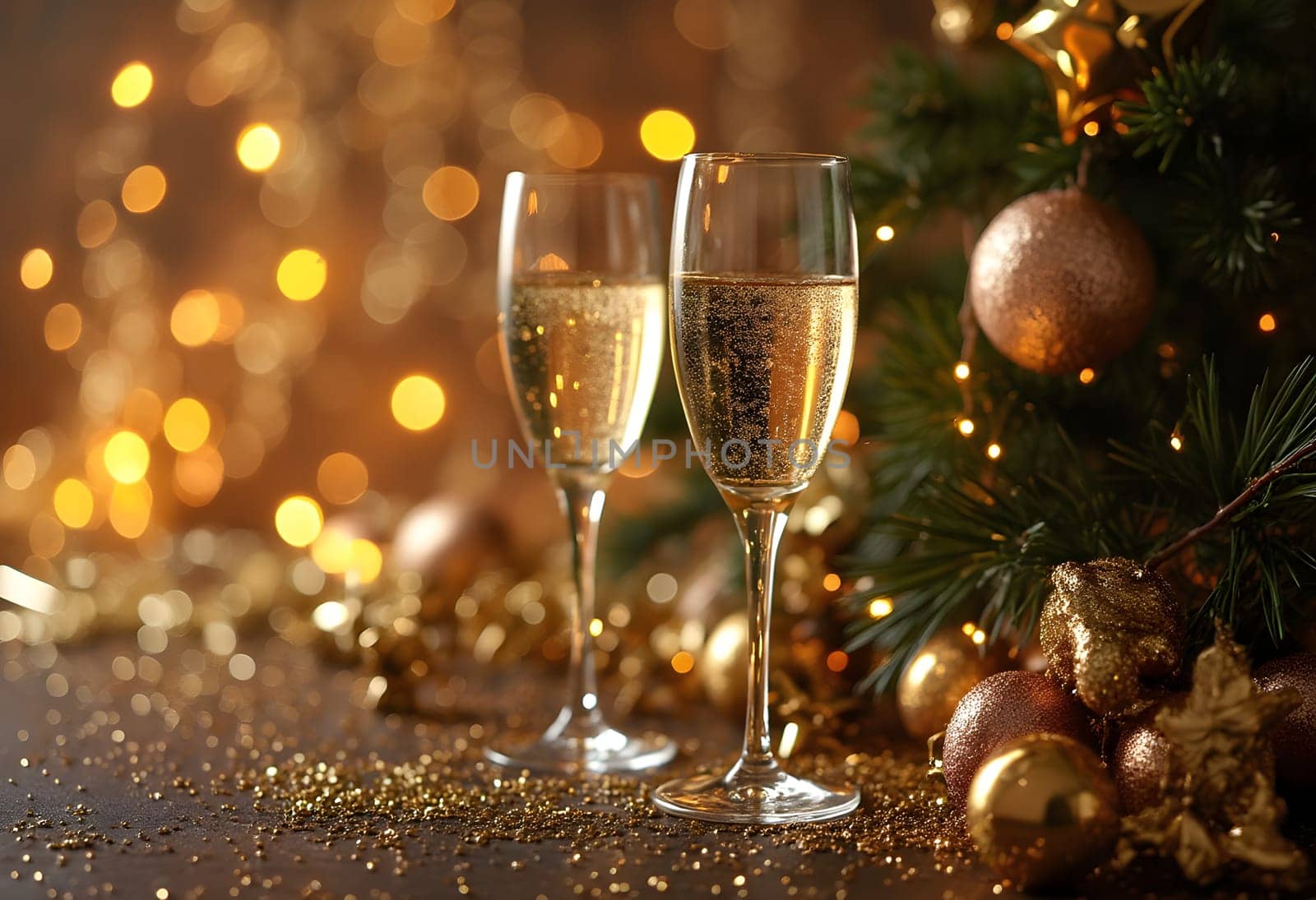 A joyful New Year celebration featuring champagne, shiny decorations, and festive ambiance, marking the beginning of a new year.