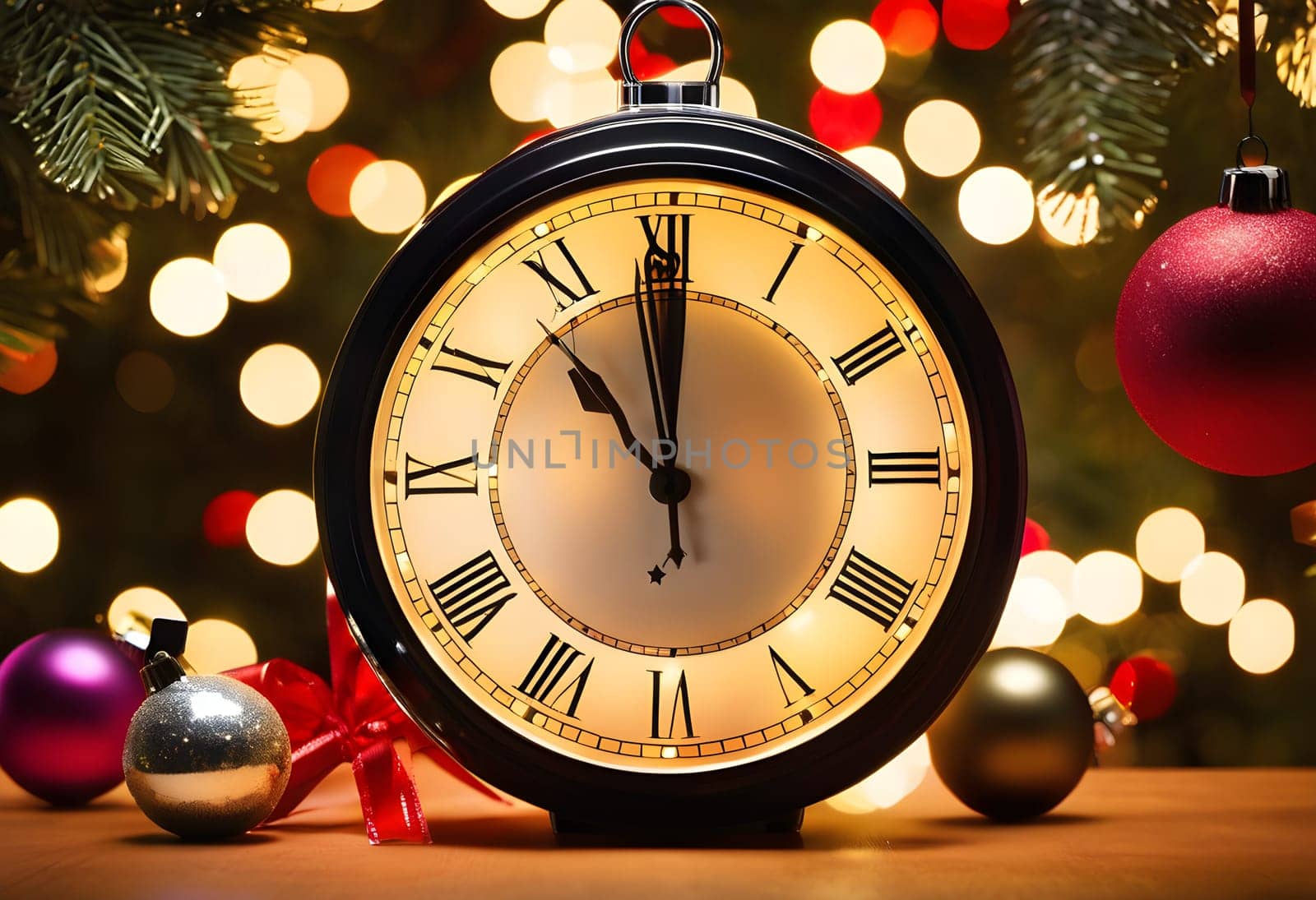 A New Year’s Eve countdown clock surrounded by festive decorations, capturing the excitement and anticipation of the upcoming celebration.

