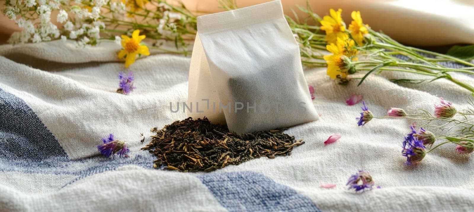 Dried tea leaves spilling from a paper bag onto rustic cloth, surrounded by wildflowers, creating a cozy and aromatic scene