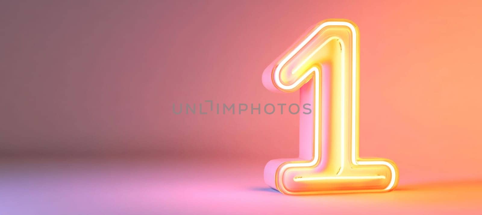 3d rendering of number one glowing in pink and orange neon light on pink background