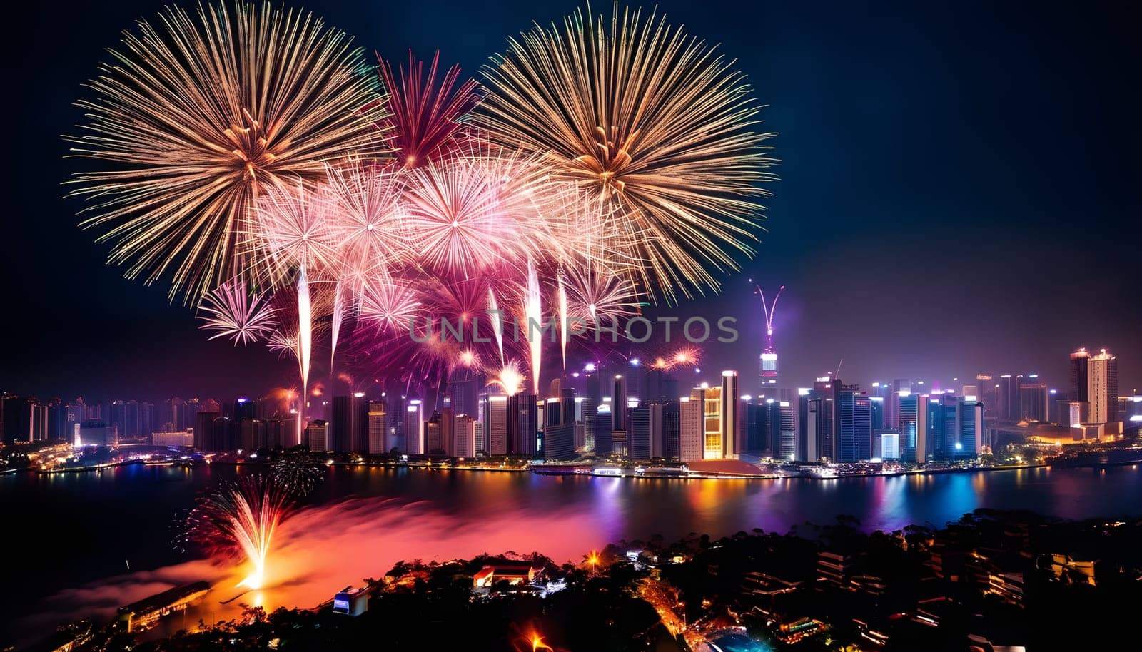 A dazzling fireworks display bursts over a glowing city skyline, celebrating New Year's Eve with colorful lights and excitement.