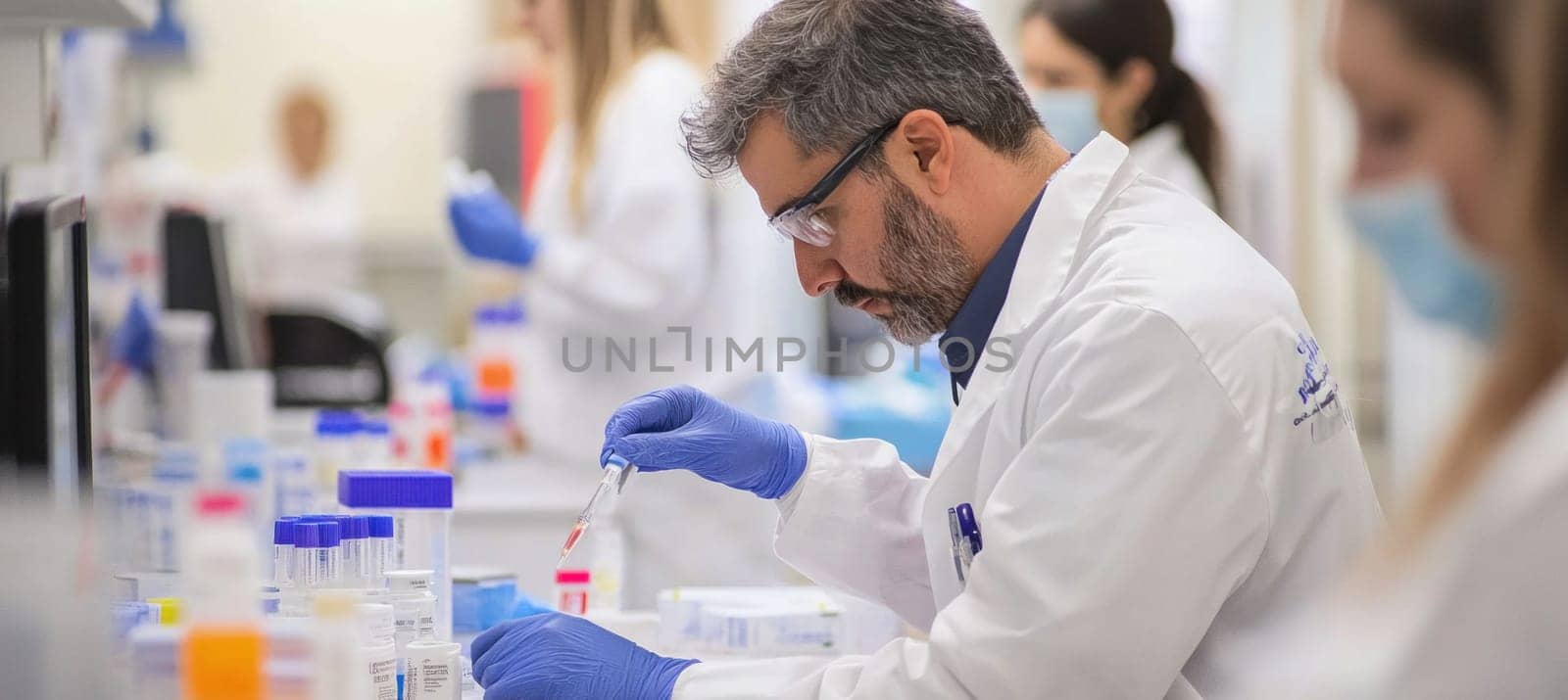 Scientist wearing lab coat and gloves carefully analyzing sample using pipette in modern laboratory, with colleagues working in the background