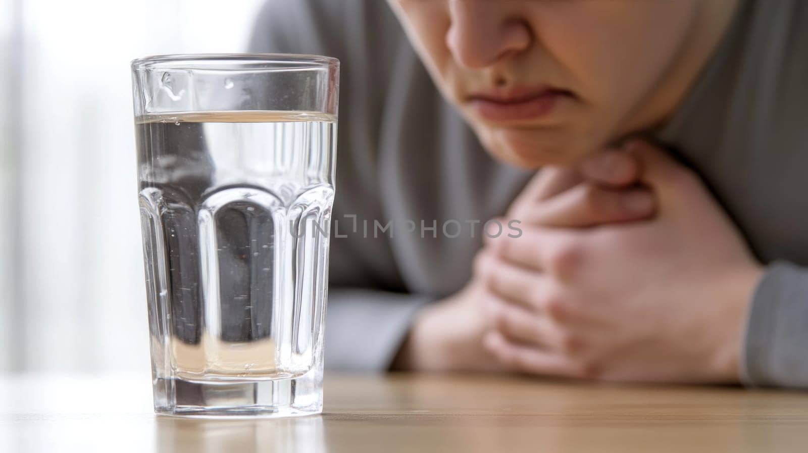 Sick patient suffering from hydrophobia, rabies or aquaphobia refusing drinking clean water from glass on table