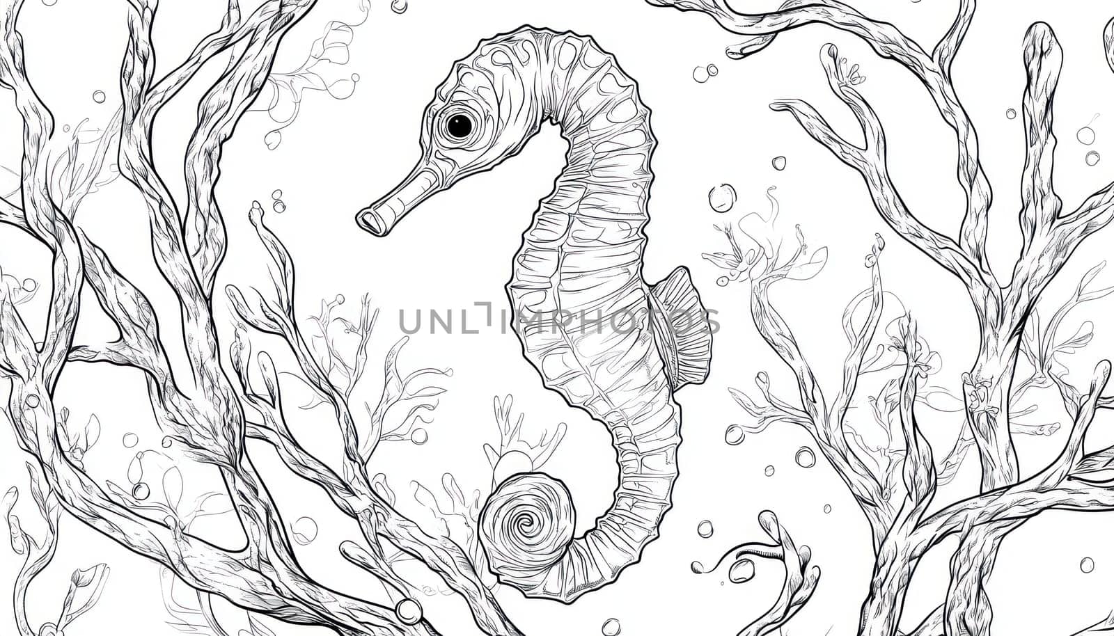 Intricate illustration of a seahorse navigating a kelp forest, rendered in black and white