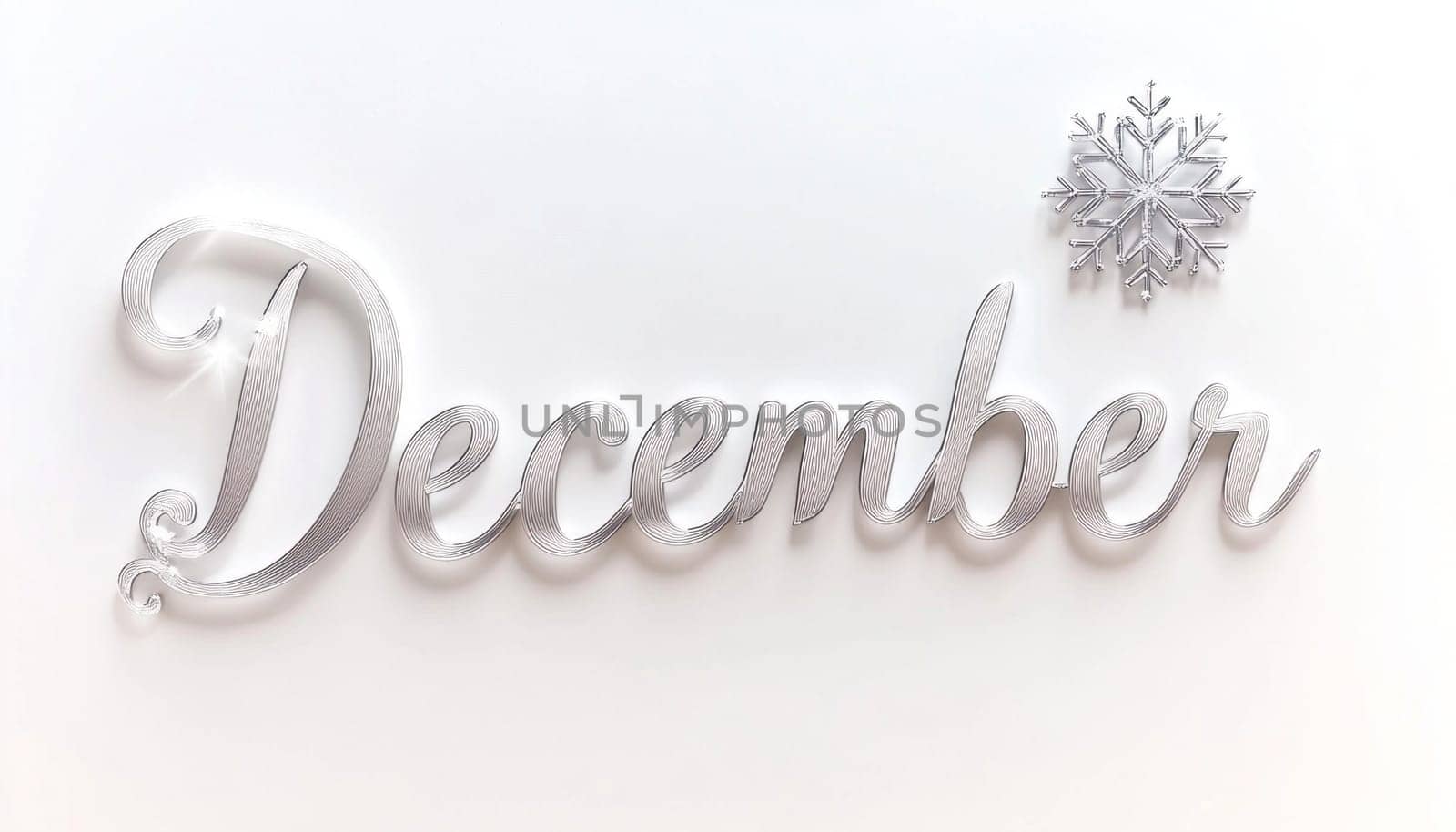 Silver december writing with a stylized snowflake on a white background representing the christmas holidays