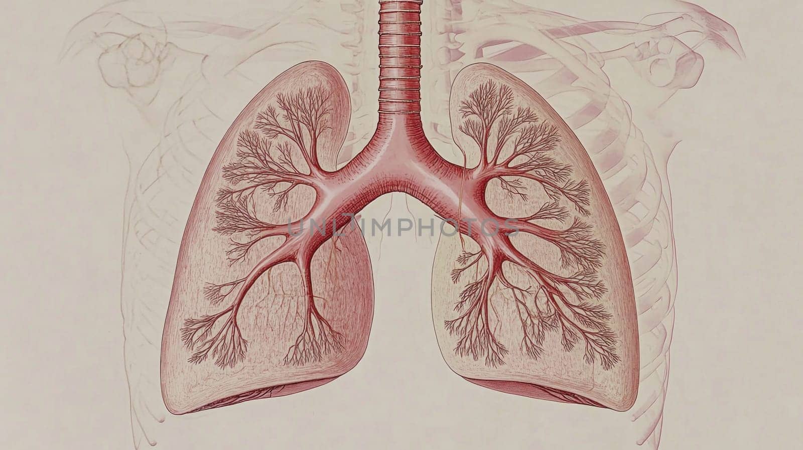 Detailed anatomical illustration of human lungs highlighting bronchial tree within rib cage