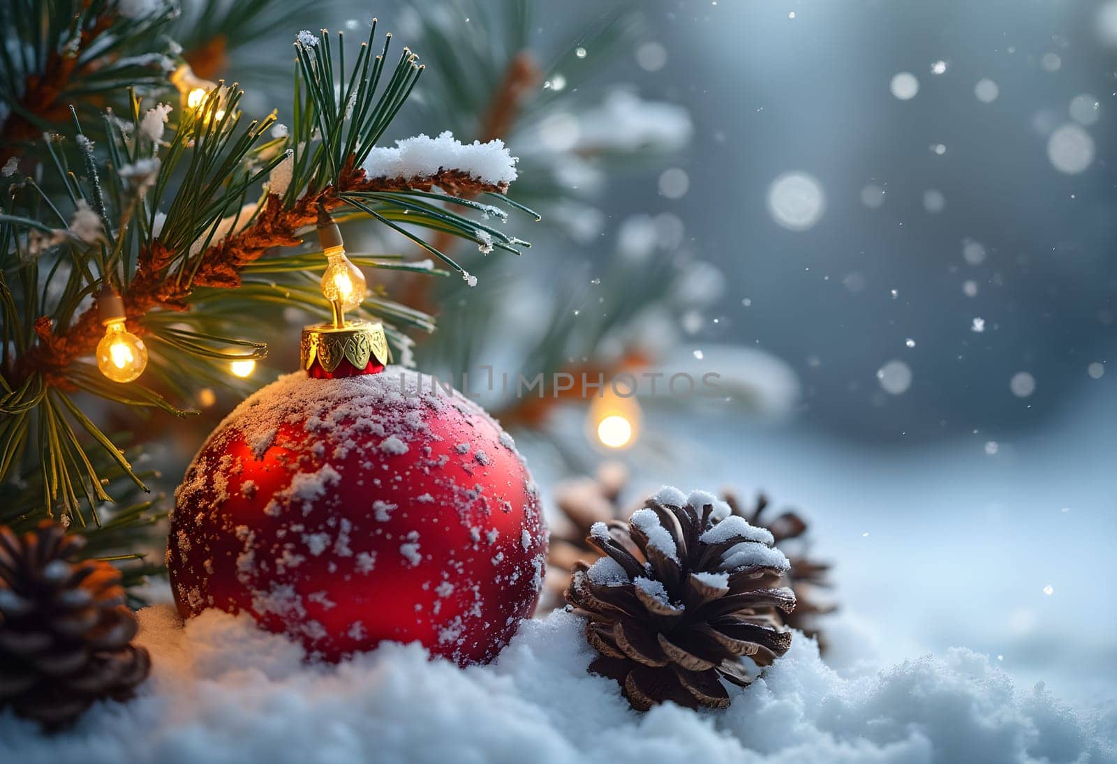 Christmas card featuring a snowy ornament with pine cones and glowing lights, capturing the cozy magic of the season.