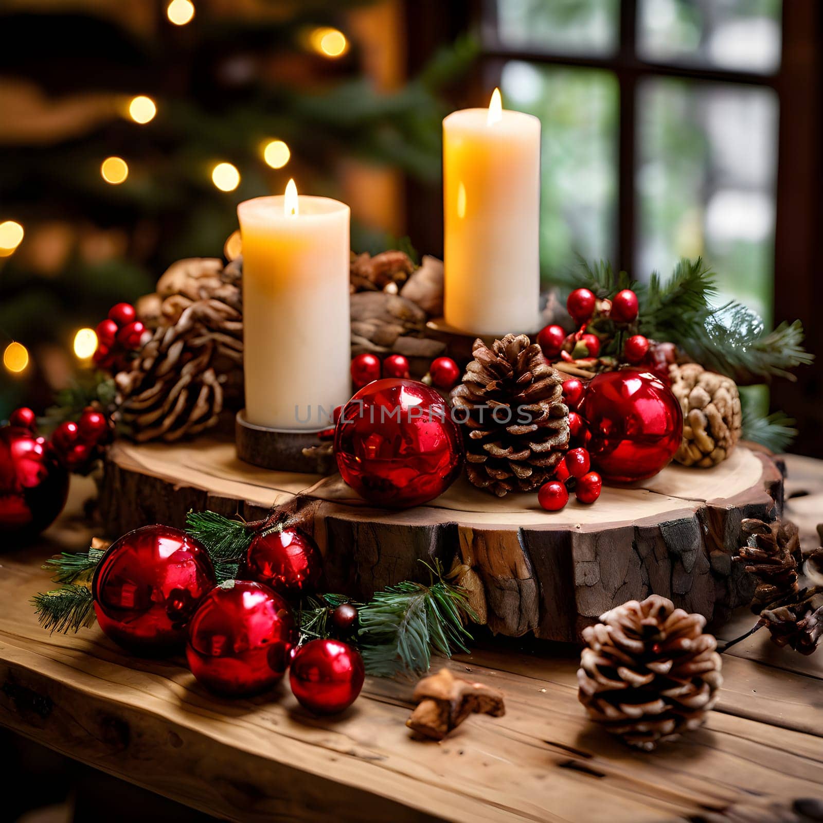 A rustic wooden table adorned with glowing candles, pinecones, and red ornaments, creating a cozy and festive holiday ambiance.