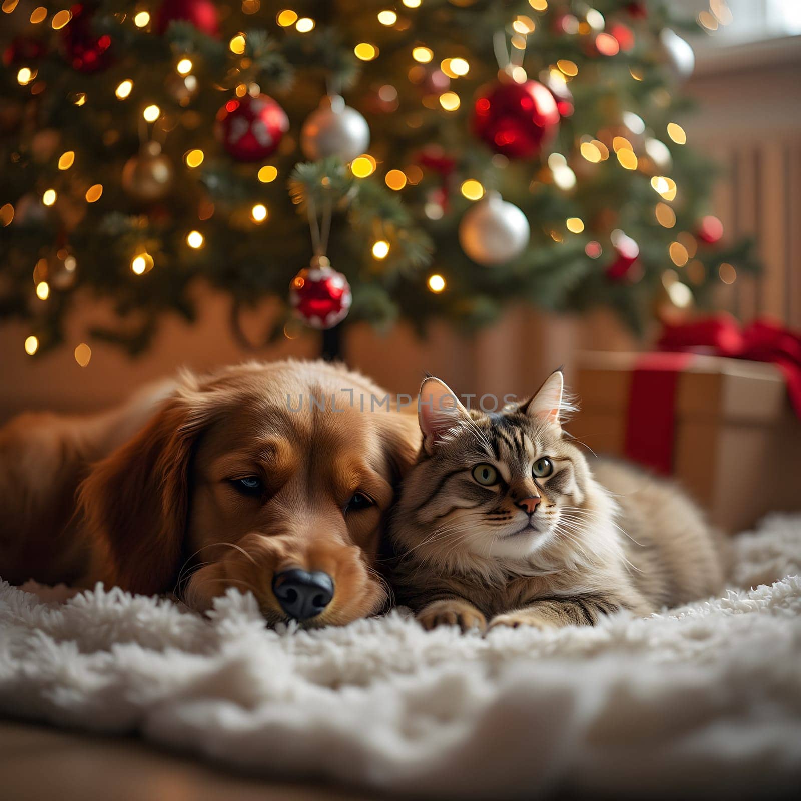 A heartwarming scene of a dog and cat peacefully lying together under a beautifully decorated Christmas tree, surrounded by festive cheer.