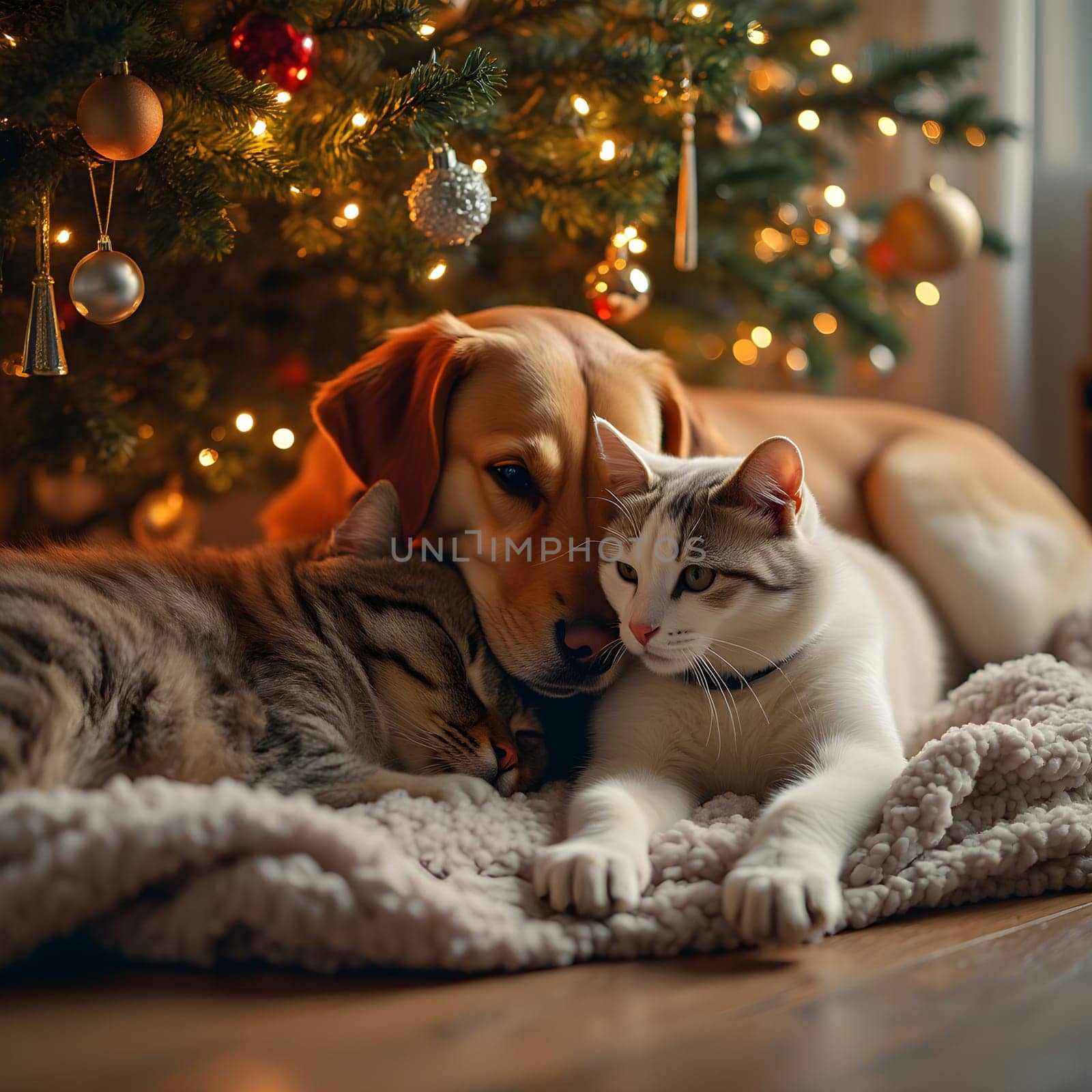 A heartwarming scene of a dog and cat peacefully lying together under a beautifully decorated Christmas tree, surrounded by festive cheer.