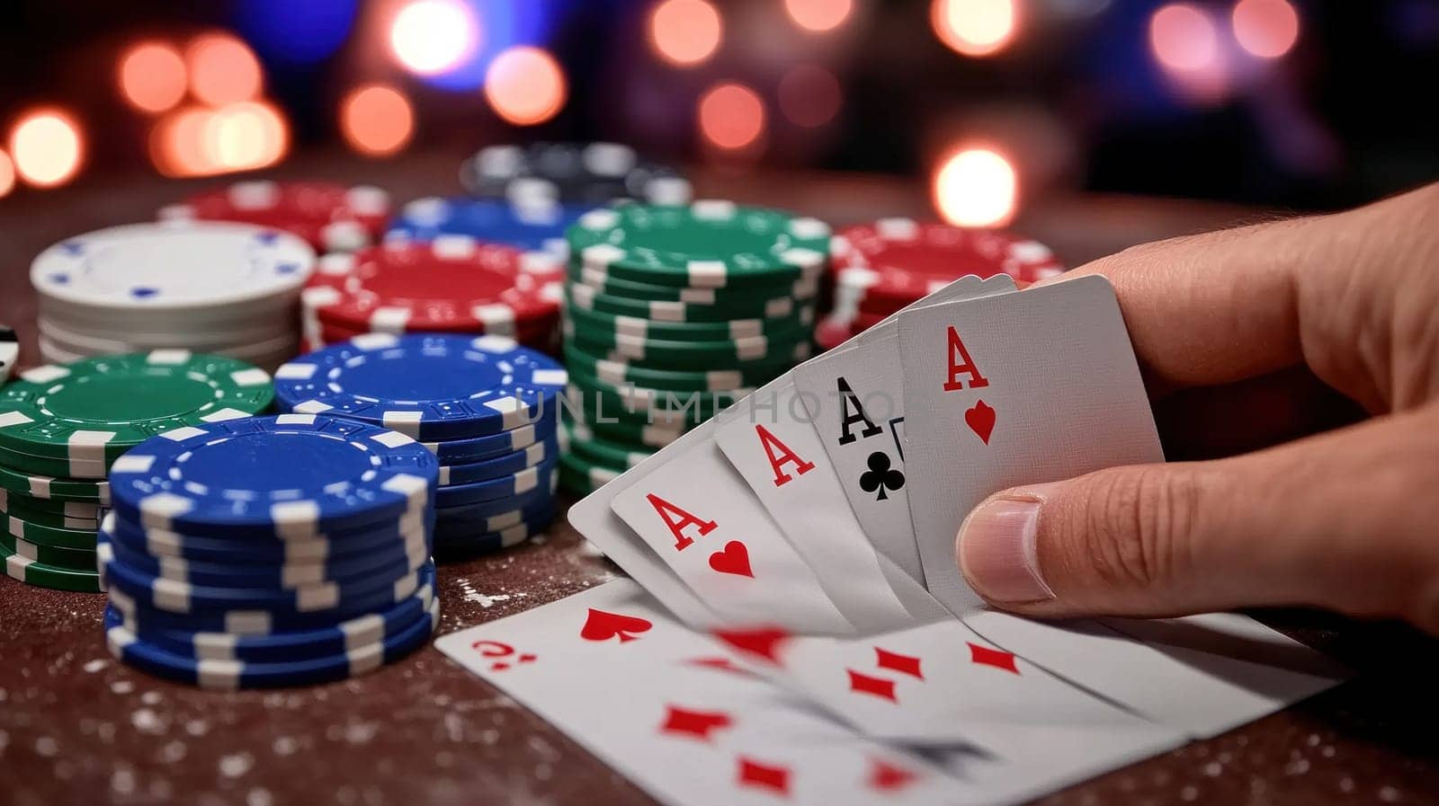 Hand holding playing cards with four aces in a casino setting with colorful poker chips and blurred lights in the background