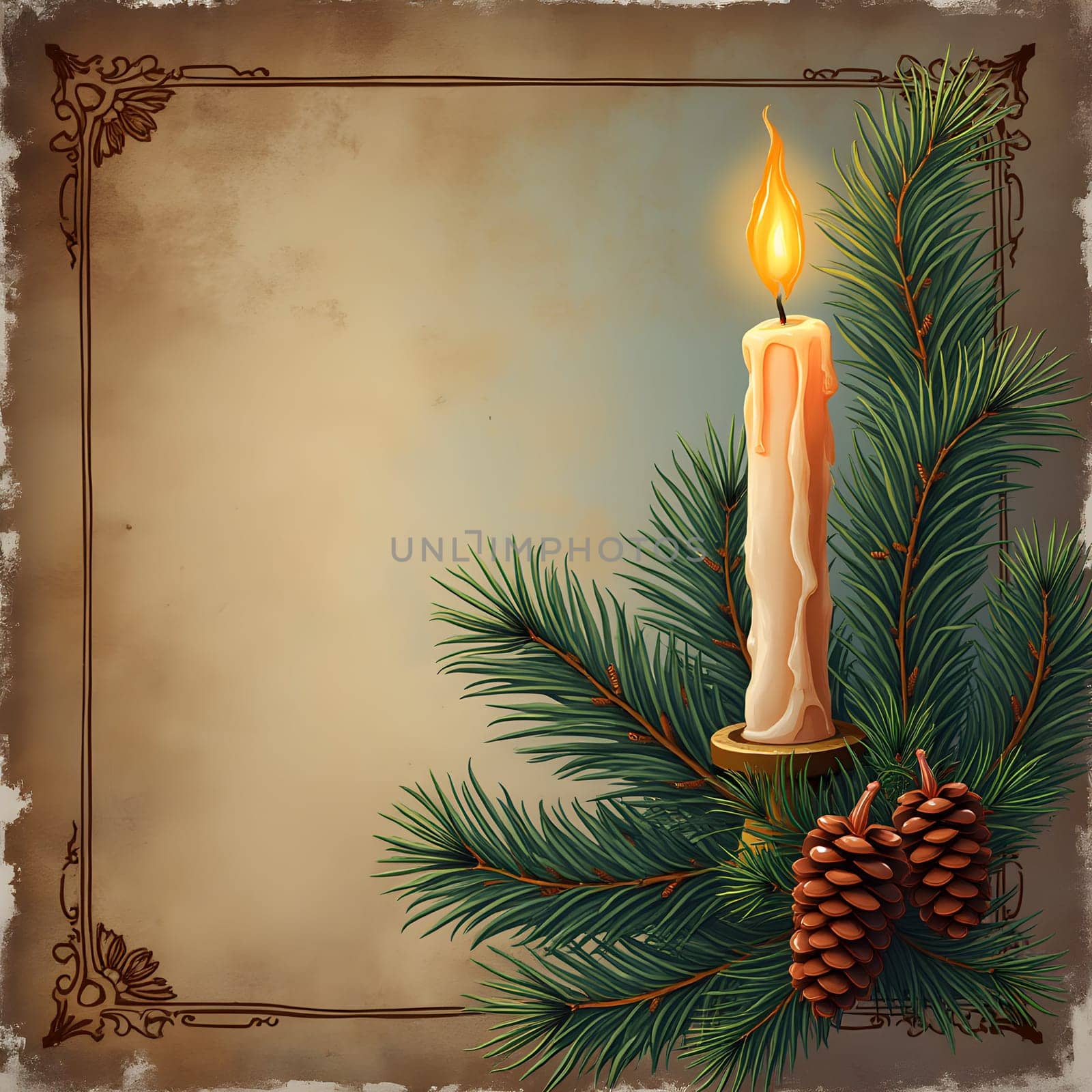 A vintage-styled Christmas and New Year holiday design featuring a candle, fir tree with cones, and a nostalgic winter backdrop.