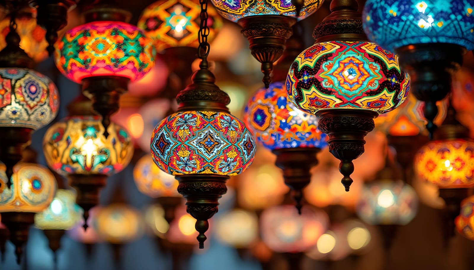 Colorful Turkish lanterns hanging in the Grand Bazaar, Istanbul, casting vibrant reflections and showcasing traditional craftsmanship.