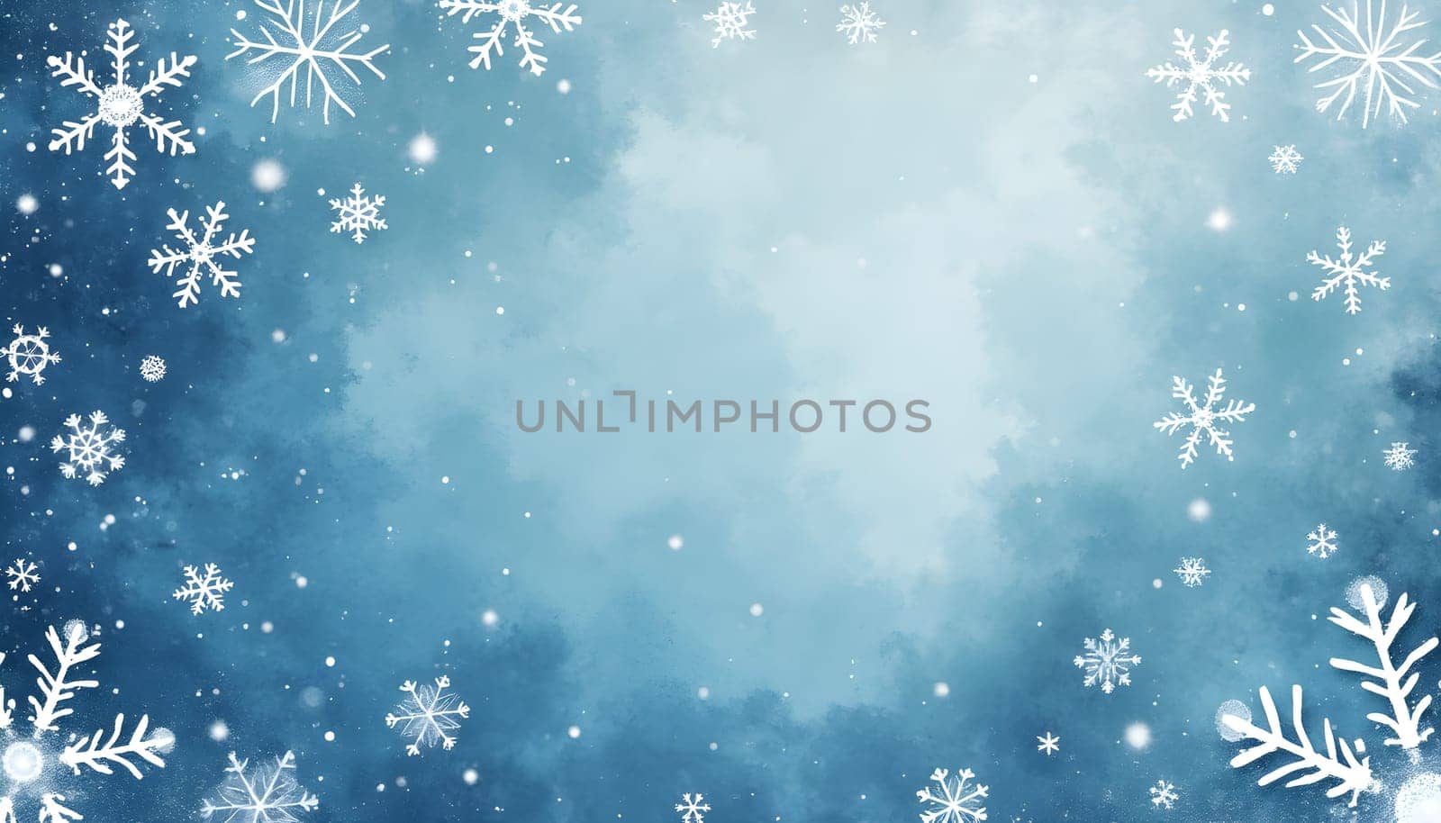 A soft, blue watercolor background with delicate snowflakes, perfect for winter and Christmas-themed designs, with copy space.
