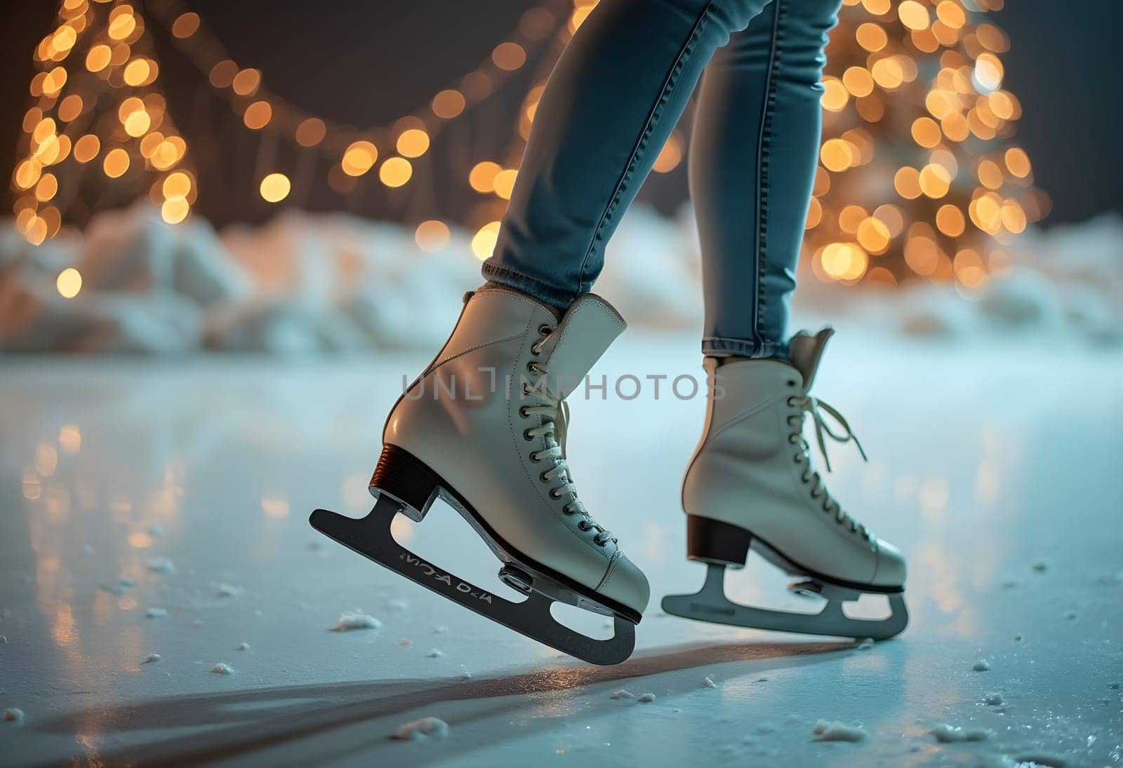 A festive scene featuring a woman's legs in ice skates, with a vibrant Christmas background showcasing winter magic and cheer.