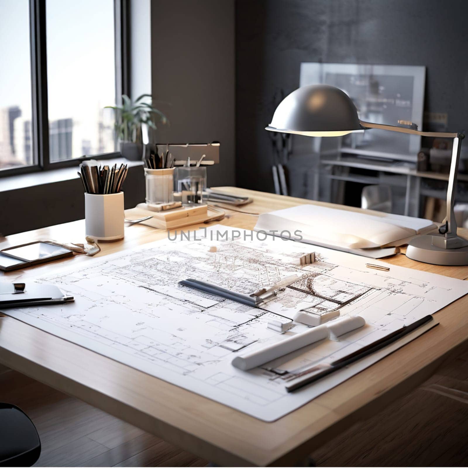 Modern workspace setup showcasing architectural tools, drafting equipment, and plans, emphasizing a creative, professional, and organized design environment.