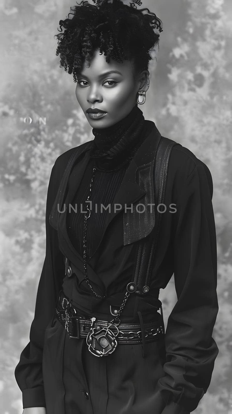 A monochrome portrait of a woman in vintage clothing, with a fur collar on her black jacket. The sleeve of the jacket is visible, adding to the fashion design of the image