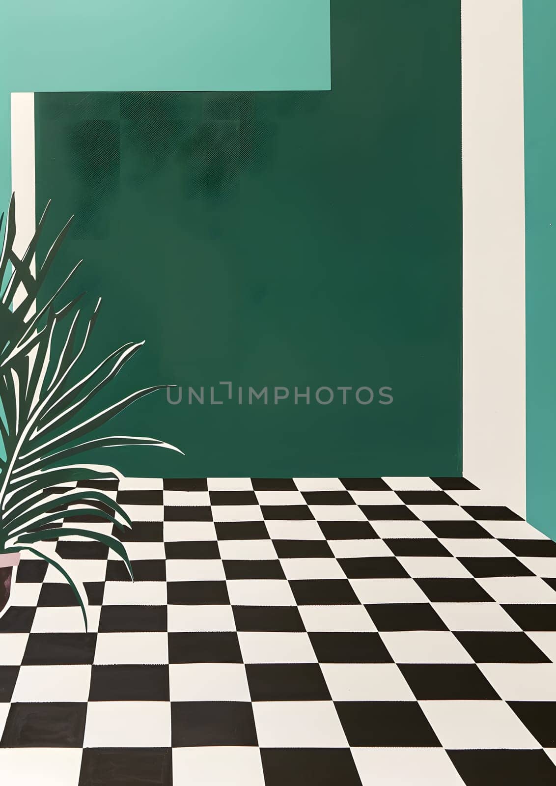 Explore modern abstract art with plant elements, geometric shapes, and checkered floor