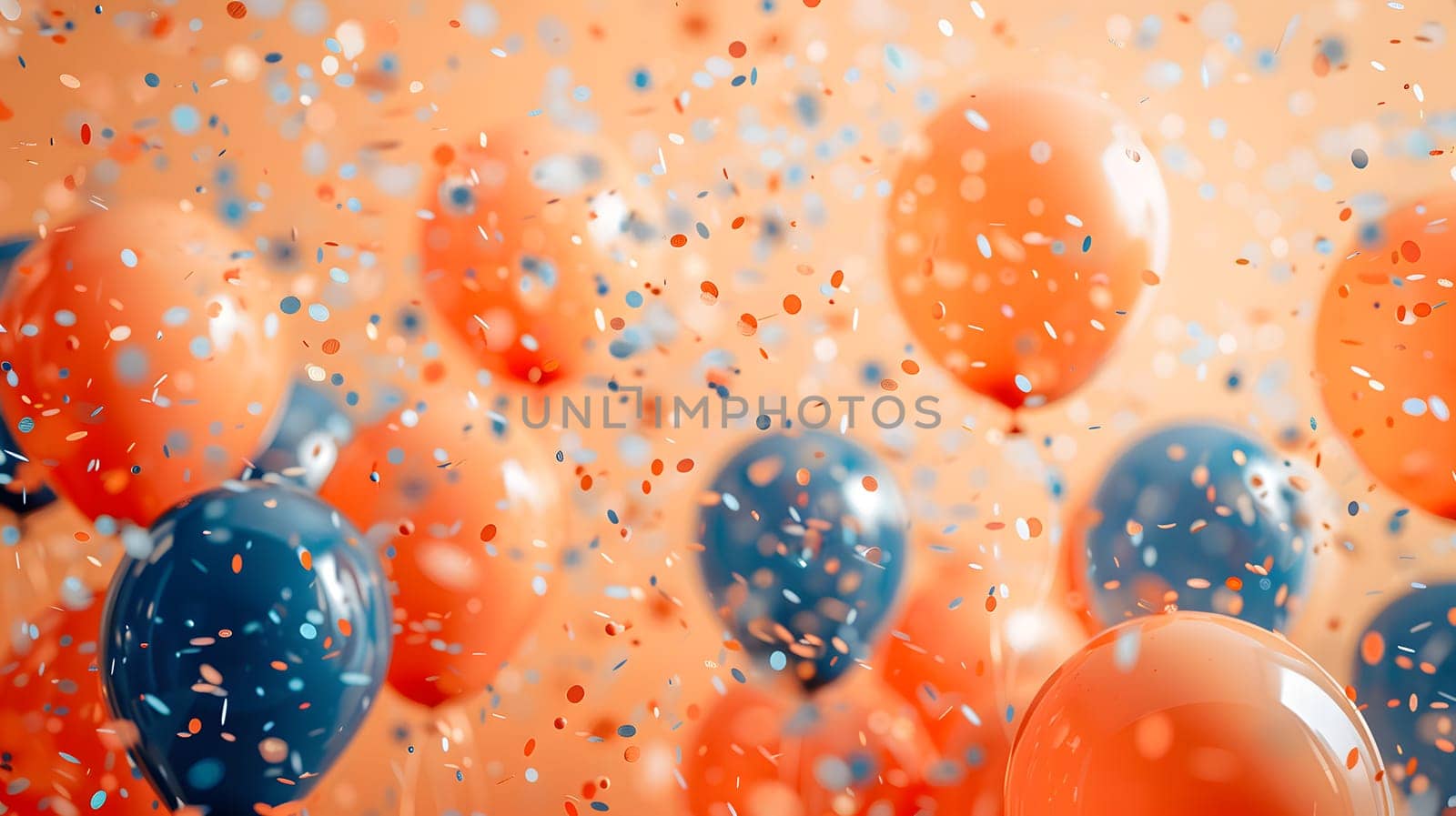 A vibrant mix of orange and electric blue balloons and confetti are dancing in the air, creating a colorful display of liquid hues