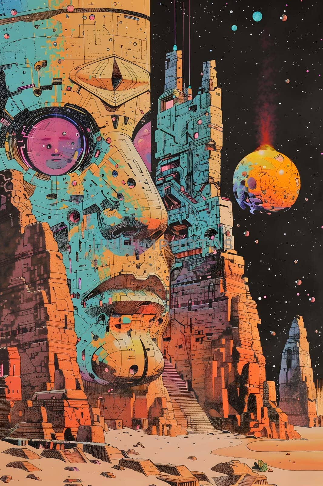 A vibrant painting of a face surrounded by colorful swirls, with a planet in the background. This artwork combines elements of nature and humanity in a visually striking illustration