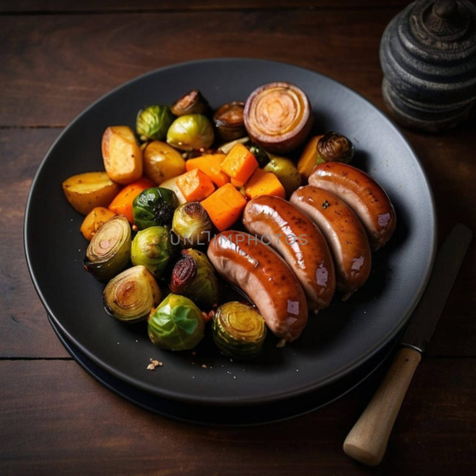 sausages vegetables frying pan food dinner. High quality photo