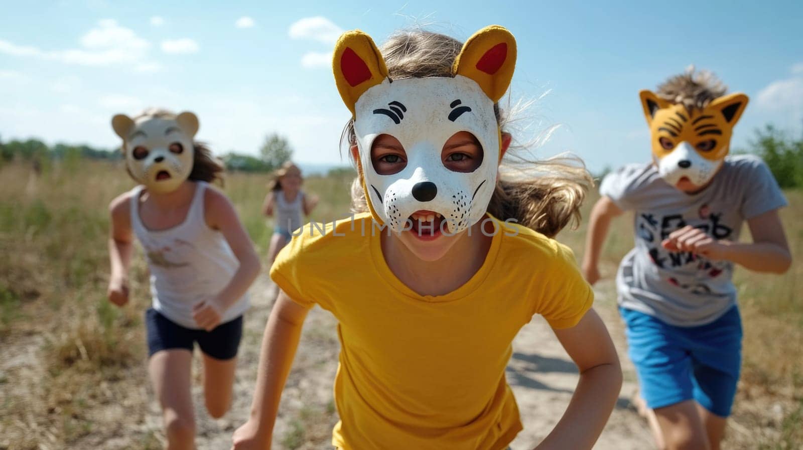 Quadrober: kids wearing animal masks, active entertainment, fun-filled exercise, vibrant energy, creative performance, playful costumes, lively movement, joyful participation, imaginative celebration