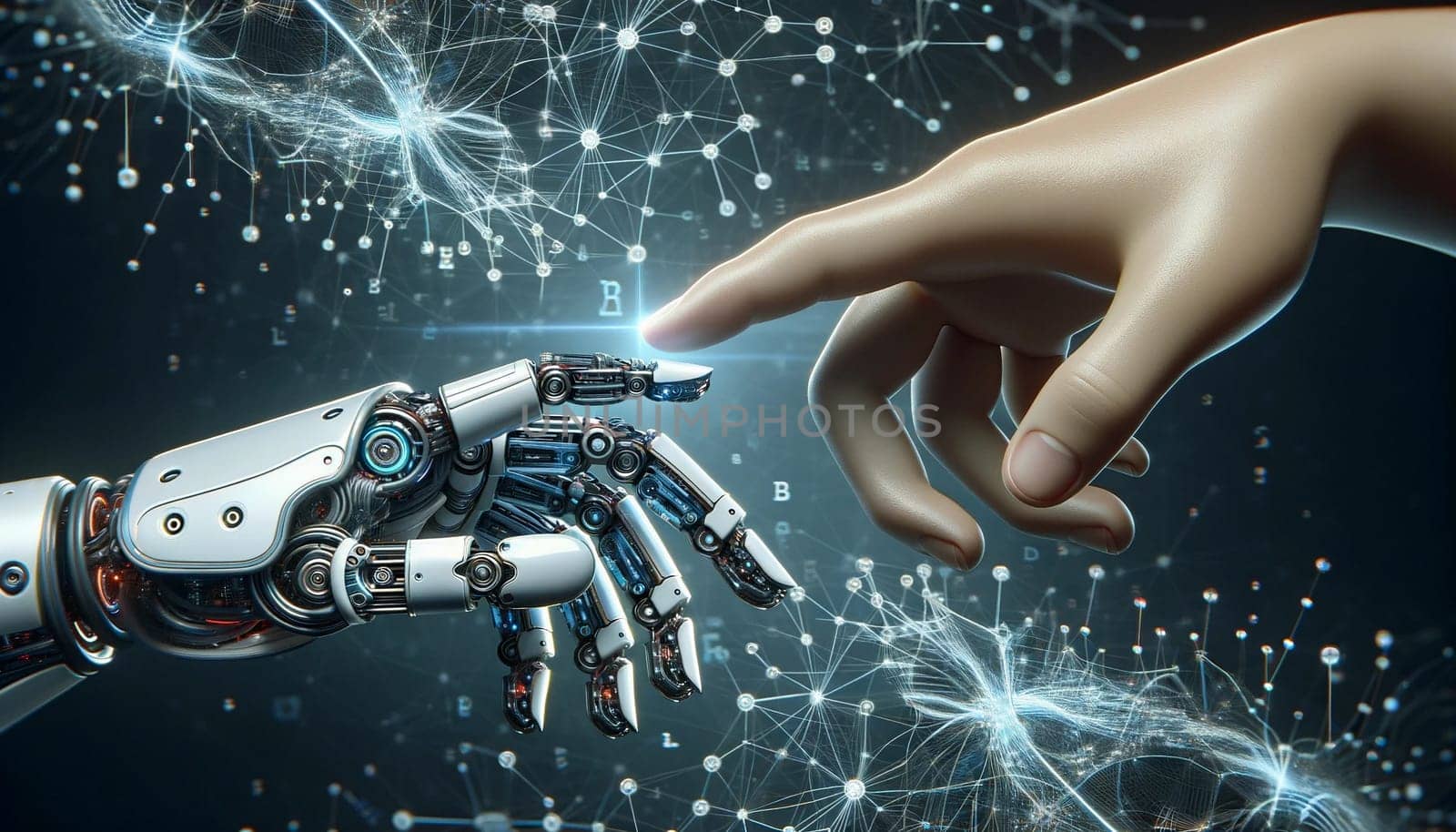 A realistic wide format image featuring the hands of a robot and a human about to touch, set against a dark background.