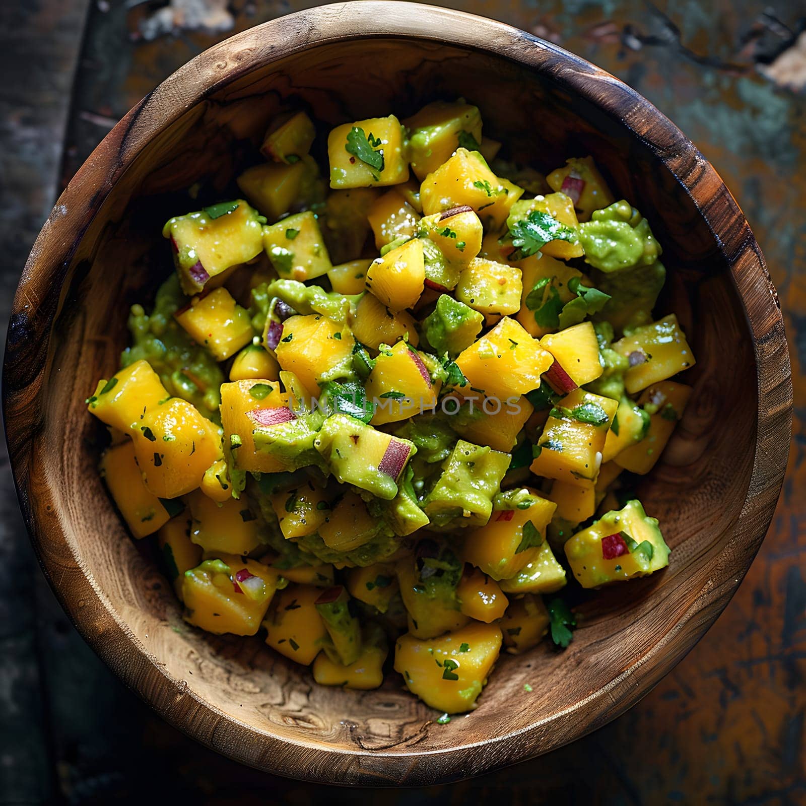 A traditional wooden bowl filled with a delicious mix of guacamole and mango cubes, perfect as a refreshing and healthy dish or garnish for various cuisines