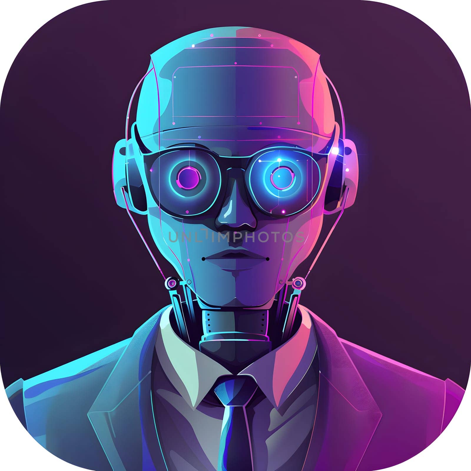 A robot in a suit and tie is wearing purple glasses and headphones, showcasing vision care alongside audio equipment for entertainment