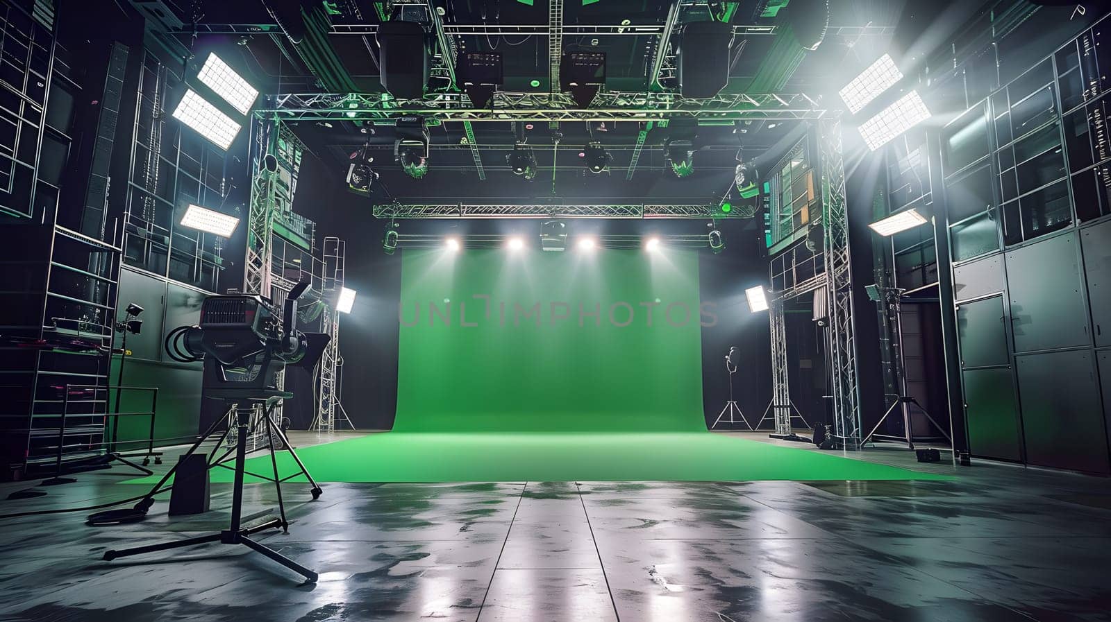 A rectangular green screen is mounted in the center of the room, creating a symmetrical display device for entertainment events. The metal frame contrasts with the water citythemed flooring
