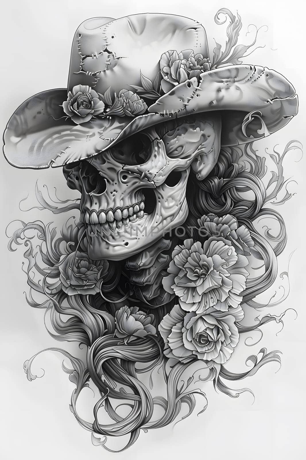 A monochromatic illustration of a skull with a cowboy hat, roses surrounding it. Detailed drawing capturing the essence of cowboy culture and the fragility of life