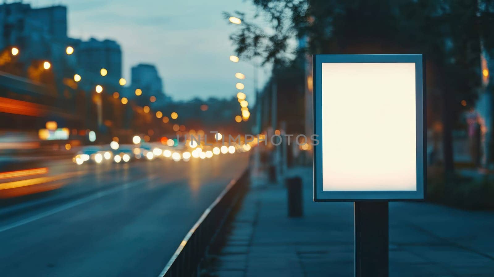 A dynamic shot of streetlight poster box illuminated at dusk, surrounded by blurred traffic lights, creating vibrant urban atmosphere