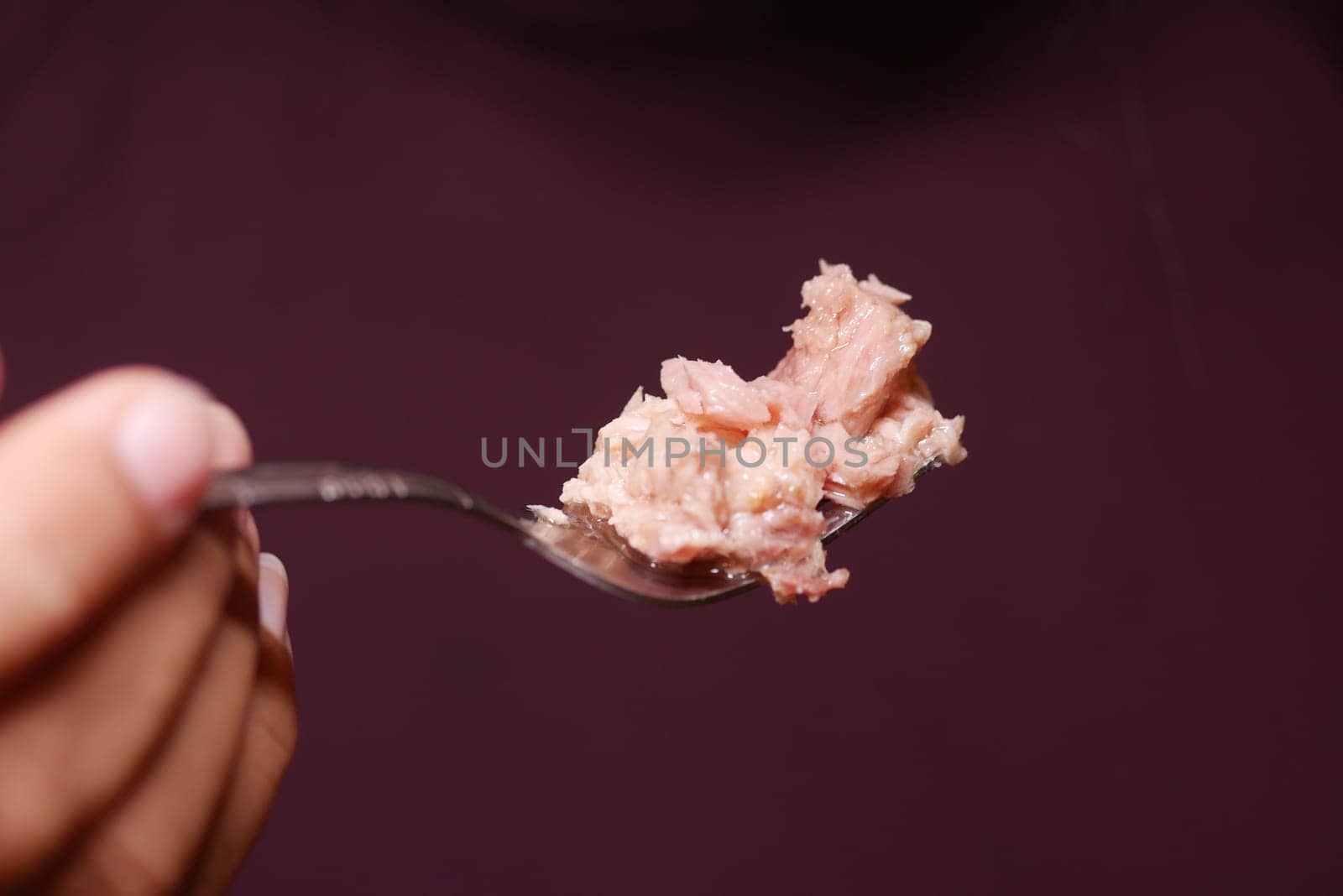 canned tuna on a spoon on white background ,