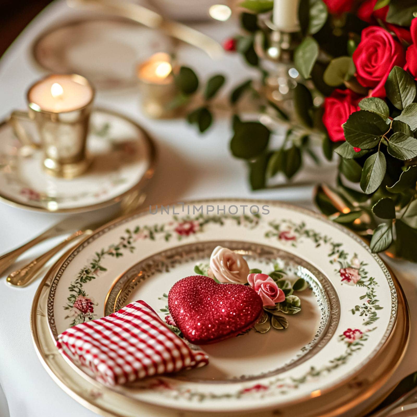 Festive table setting with candles and arrangement of beautiful red flowers. Holiday concept. High quality photo
