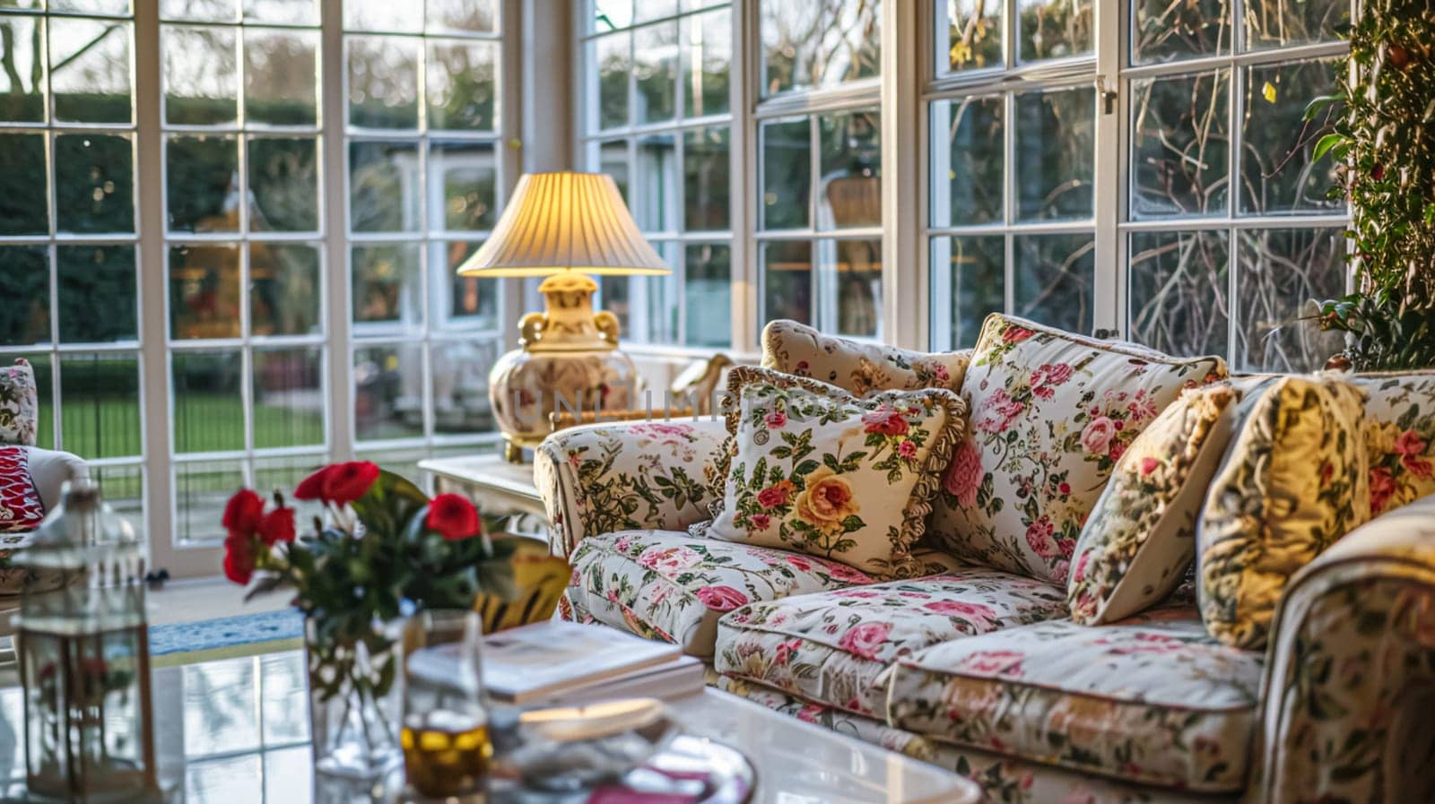 Colorful pillows on sofa against glass wall of window in a winter garden or conservatory. Interior textile concept. High quality photo