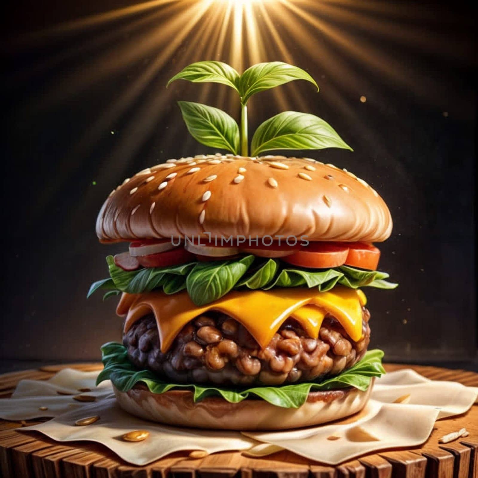 Big hamburger with huge ham piece and a lot of cheese. High quality photo
