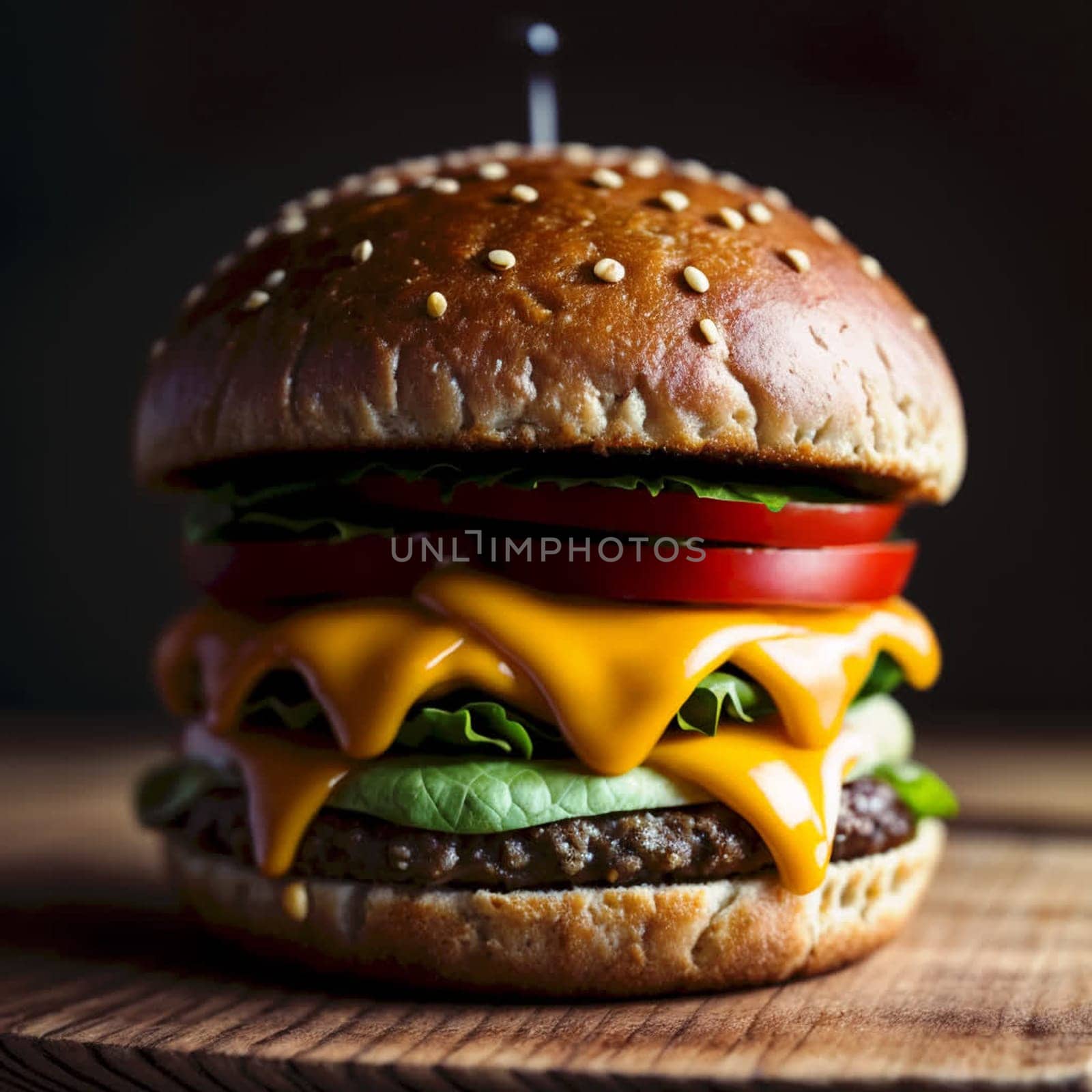 Big hamburger with huge ham piece and a lot of cheese. High quality photo