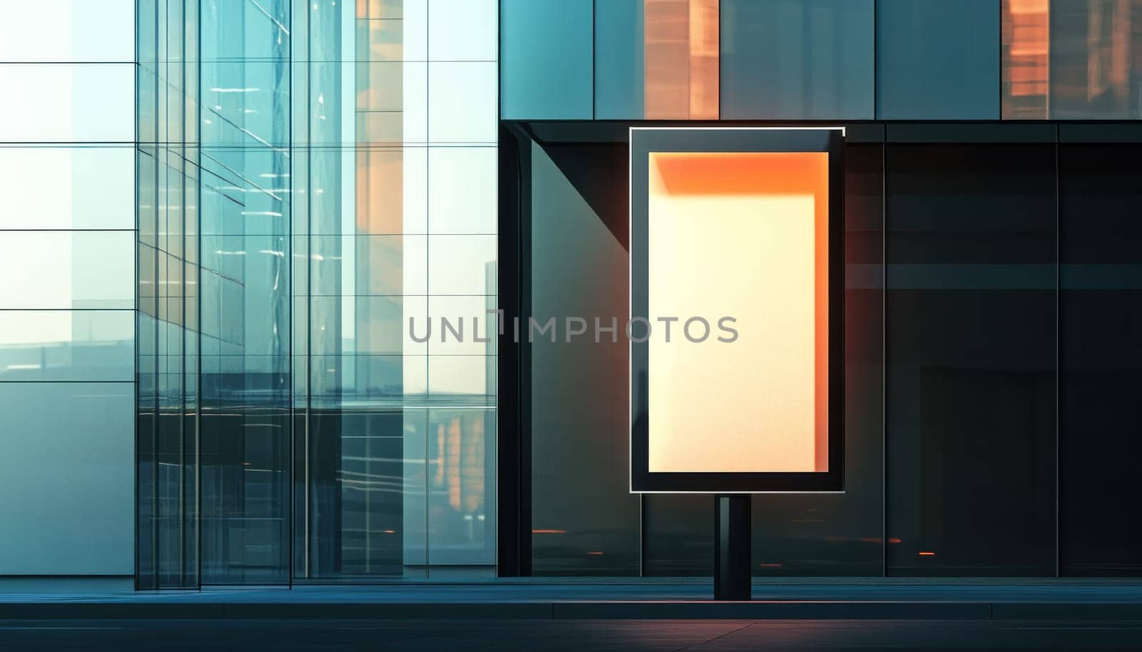 A minimalistic cityscape showcasing lightbox post against modern architecture, creating serene urban atmosphere