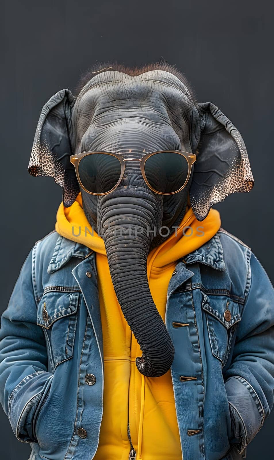 A working animal with a gas mask covering its snout and wearing a denim jacket, sunglasses, and a hat. The human body covered with personal protective equipment. Gesturing with a sleeve