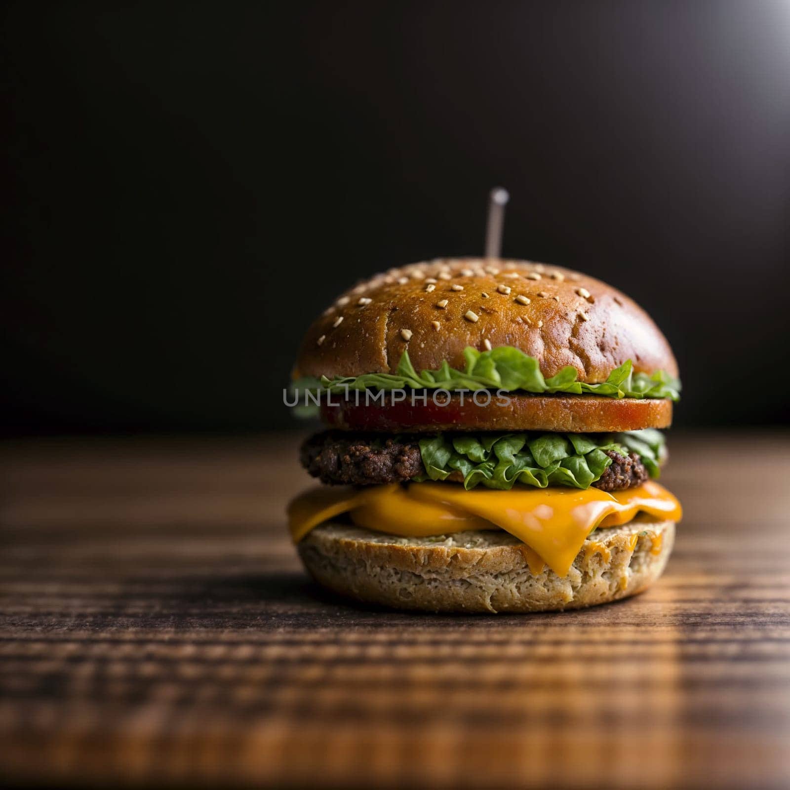 Big hamburger with huge ham piece and a lot of cheese. High quality photo