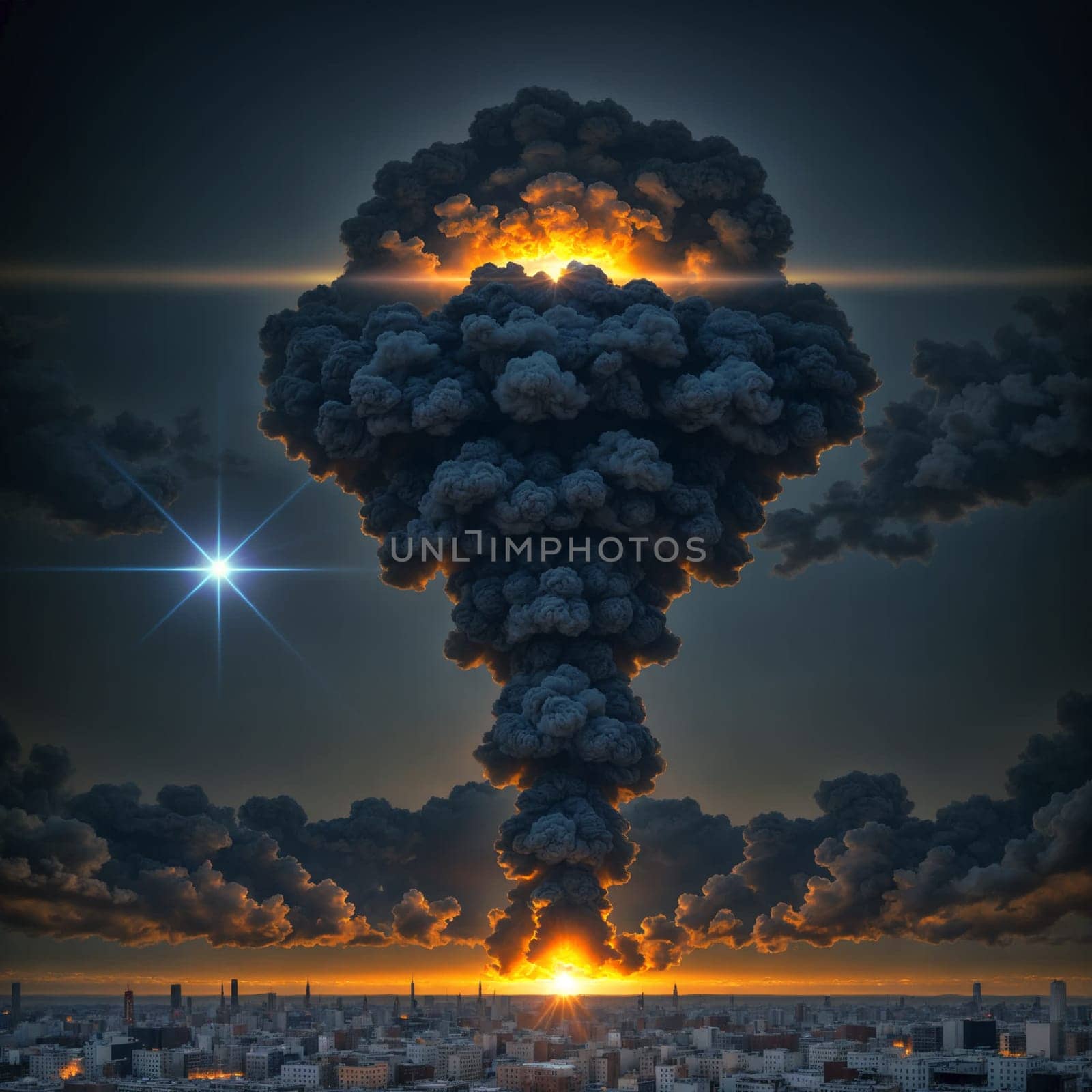 a large column of smoke after an explosion at night. High quality photo
