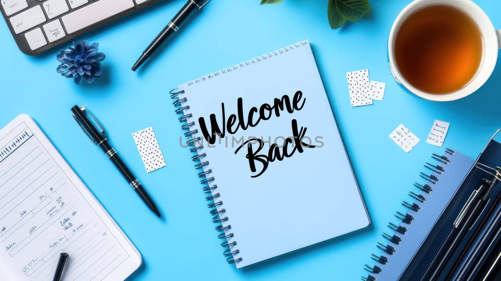 A Welcome back notebook on blue desk with office supplies, coffee, and plants, creating vibrant workspace atmosphere