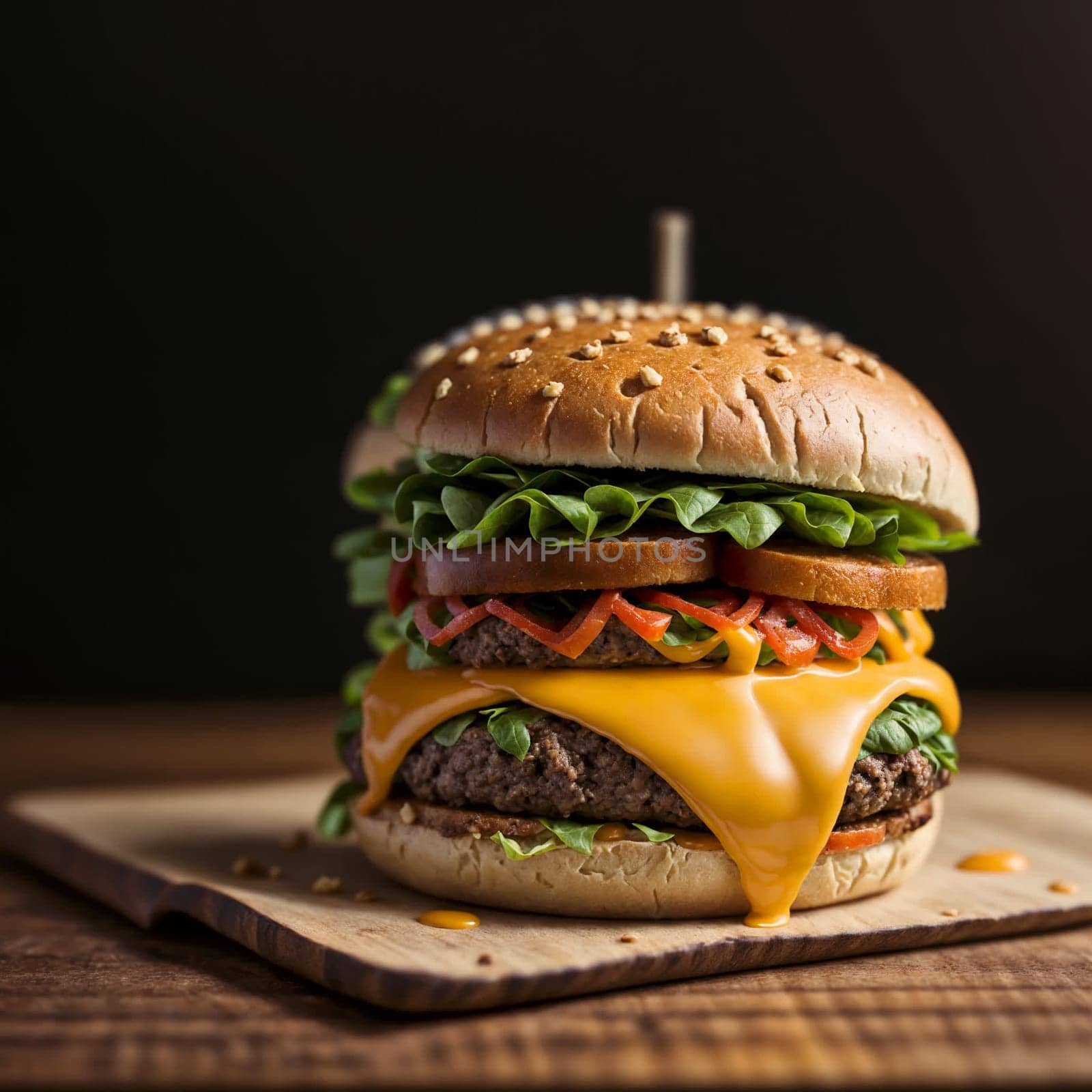 Big hamburger with huge ham piece and a lot of cheese. High quality photo