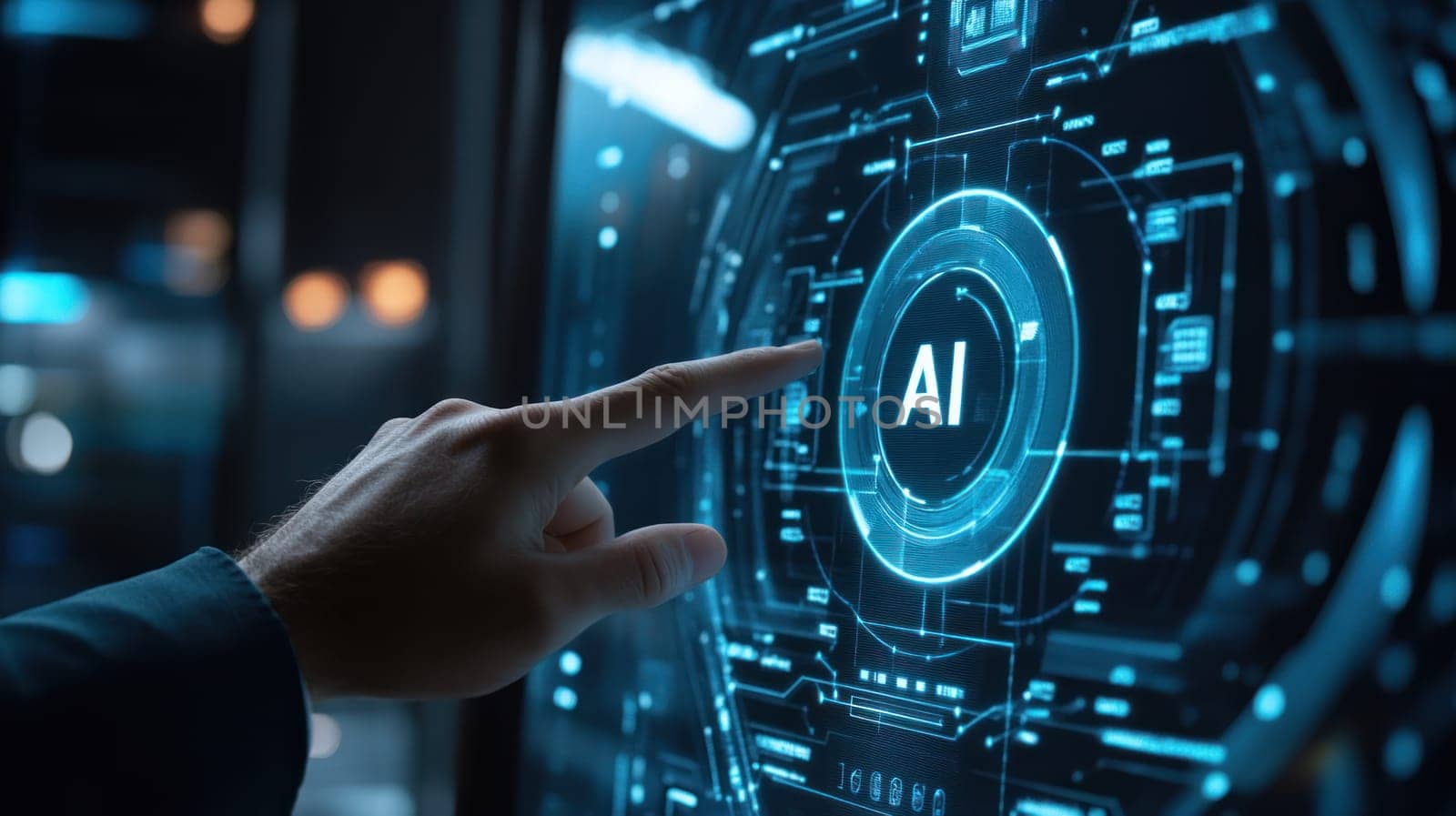 A businessman interacts with virtual screen displaying AI technology, showcasing innovation and modernity