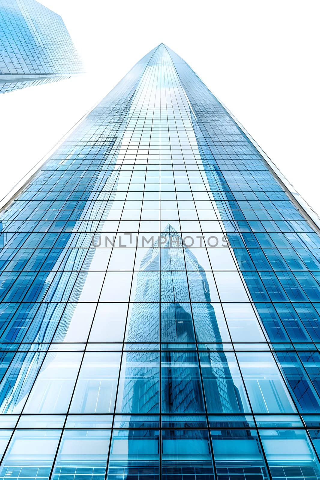 A skyscraper standing tall against the sky, a monumental tower block blending into the world around it. The commercial building facade reaching towards the clouds on a bright daytime