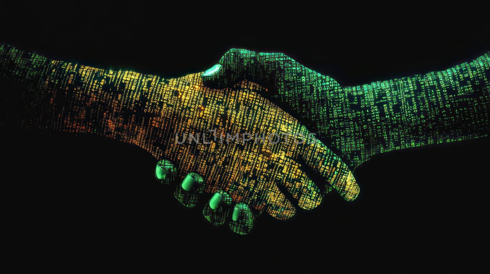 A handshake symbolizing collaboration in technology, featuring binary code